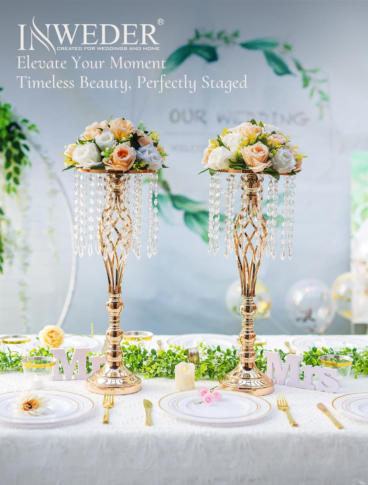 Inweder Gold Vases Centerpieces for Table: 21.7" Tall Flower Stand with Crystal Patent for Wedding Center Piece Party Event Set of 2