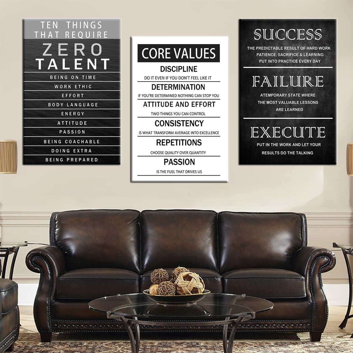 Office Inspirational Canvas Wall Art Core Values Quote Motivational Wall Decor Zero Talent Poster Picture Print 3 Panels Modern Inspiring Painting Artwork for Living Room Home Decor [72''Wx 36''H]