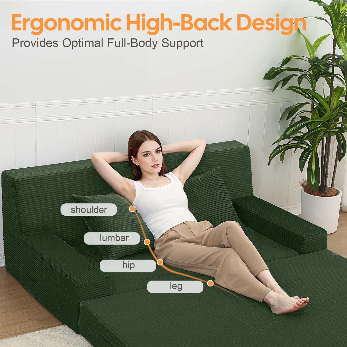 MeMoreCool Boneless Loveseat Sofa Bed – Dark Green Corduroy Convertible Futon Couch, Foldable Floor Sleeper with Foam & Pillow, Washable Cover for Bedroom, Apartment, Small Living Room