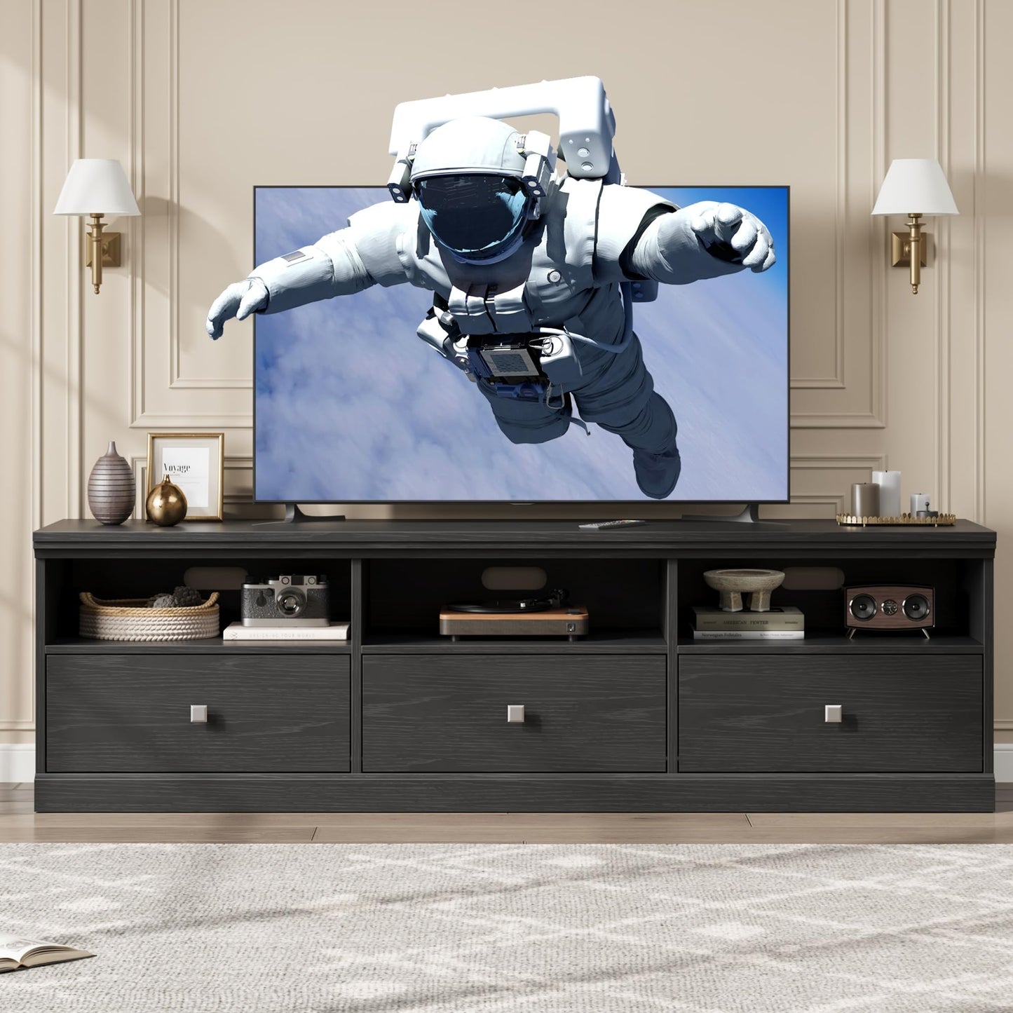 IDEALHOUSE 70in TV Stand for TVs up to 80", Mid Century Modern Entertainment Center with Storage Drawer and Open Shelves, TV Console Media Cabinet for Living Room, Bedroom, Black