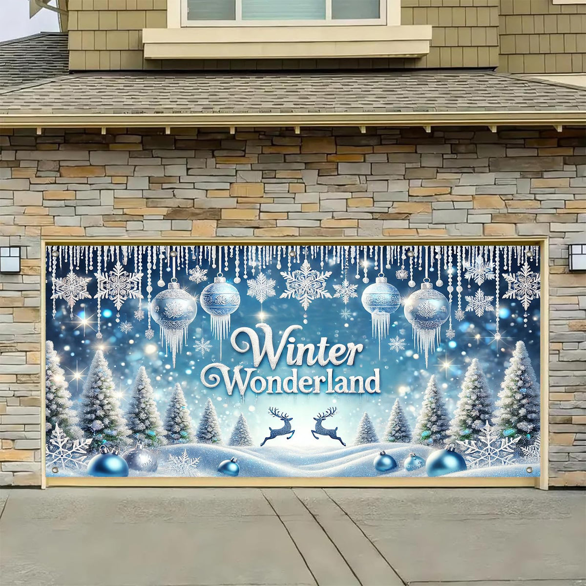 HOMETITUTE Winter Wonderland Garage Door Banner 13x6ft Snowy Landscape Decoration Frost Covered Trees Photo Prop Background for Peaceful Holiday Outdoor Festive Display Party Supplies