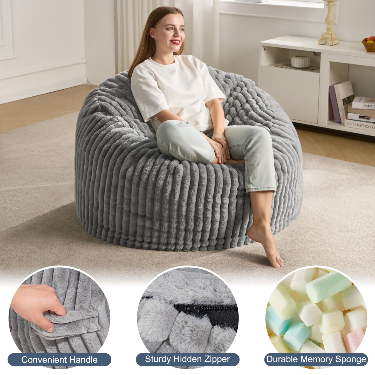 Hobestluk 3ft Bean Bag Chairs for Adults Large Beanbag Chair with Stripe Plush Cover Big Bean Bag Chair for Living Room Bedroom Dorm Office - Grey (36” x 36” x 22”)