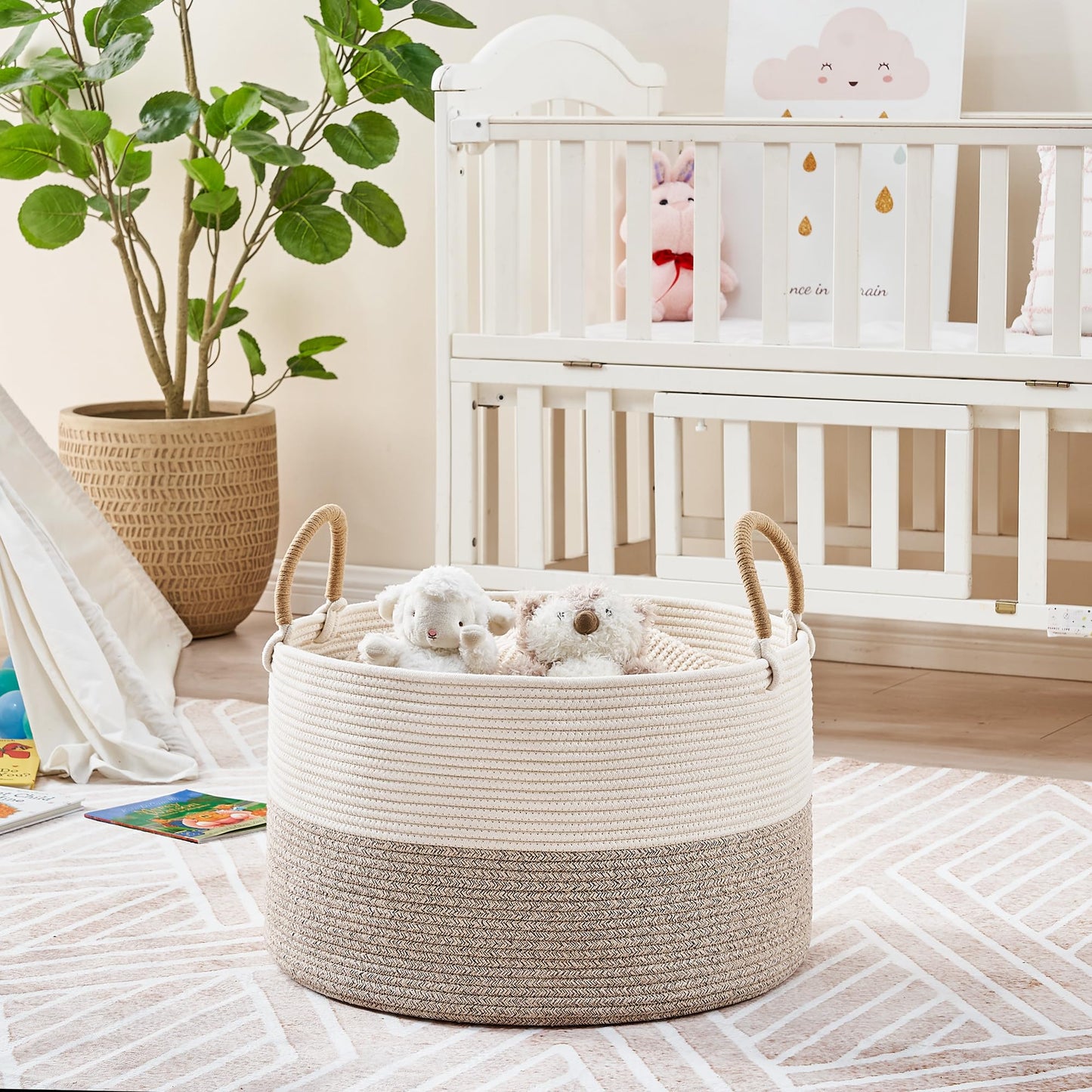 KAKAMAY Cotton Rope Storage Basket (20"x13"),Woven Hamper for Blankets,Toys,Pillows,Clothes,Laundry,Sturdy Handles Decorative Basket for Living Room, Bedroom,Nursery(Beige)
