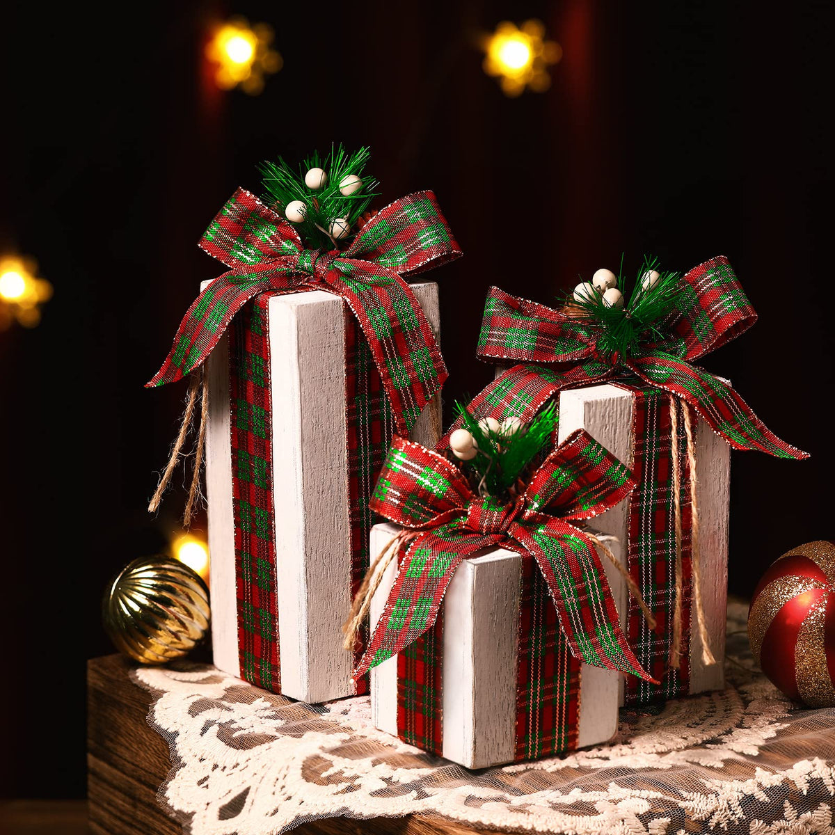 Amyhill 3 Pcs Christmas Wooden Gifts Box Decor Christmas Plaid Presents Table Centerpieces Rustic Wooden Gifts Tiered Tray Decor with Buffalo Plaid Bowknot for Xmas Party(White,Retro)