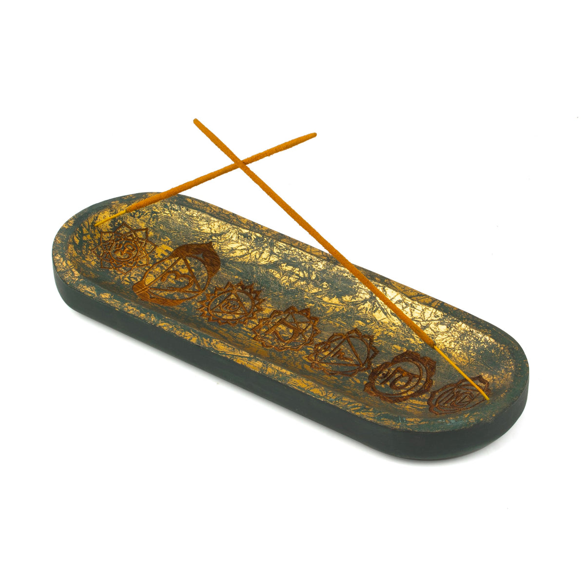 UnitedPrime Hand Carved Incense Holder-Incense Burner/Ash Catcher/Handmade Wooden Insence Tray – Modern Gift Home/Room/Seven Chakra Blue Gold Kitchen Décor Size 11x4x1.5 Inches