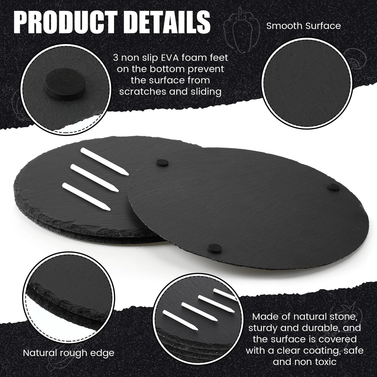 Uiifan 6 Pcs 11 Inch Round Slate Cheese Boards Round Black Stone Plates for Wedding Day Charcuterie Board Cheese Platter Serving Stone Tray Soapstone Chalk for Meats Appetizers Dried Fruit Party Gifts