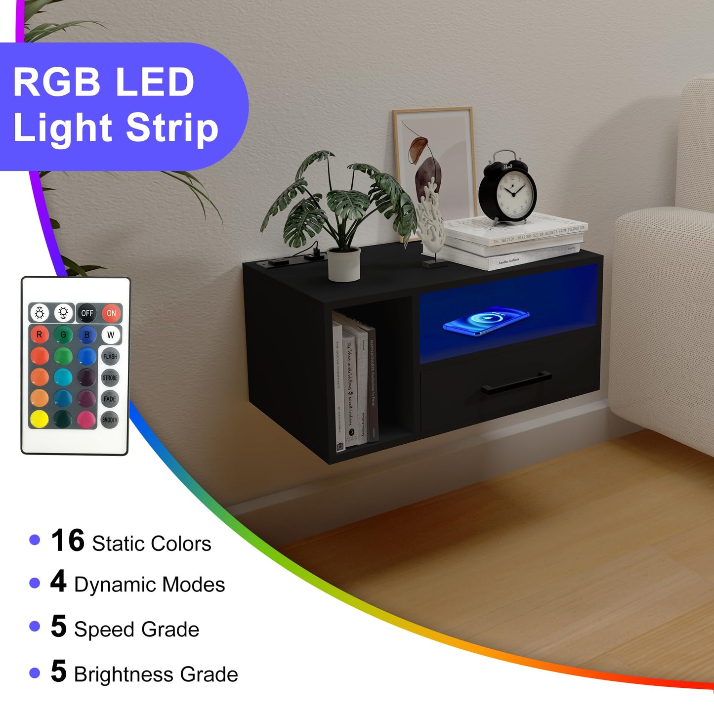Homaterial Floating Nightstand with Charging Station and LED Lights, Floating Bedside Table with Drawers Wall Mounted Nightstands,for Bedroom Room, 21.3" x 11.8" x 10",Black