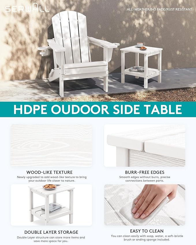 SERWALL 2-Tier HDPE Outdoor Side Table, Weatherproof Rectangular Adirondack