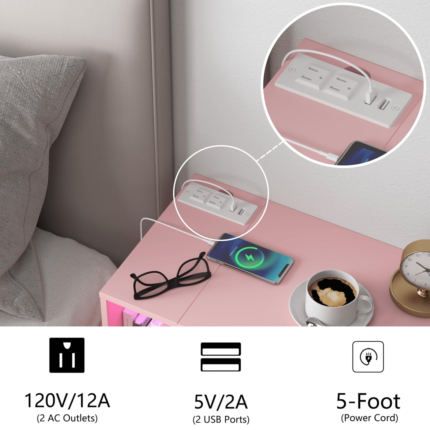 Veegle Pink Floating Nightstand with Charging Station and LED Lights,Pink
