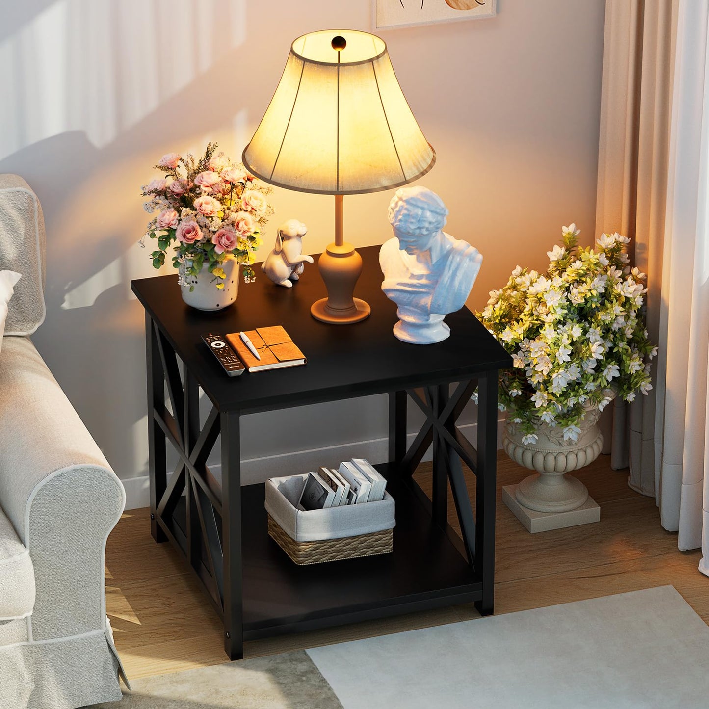 GreenForest End Table with 2-Tier Storage Shelf, 24 inch Large Side Table for Living Room, Modern Nightstand for Bedroom Bedside Office Farmhouse, Black