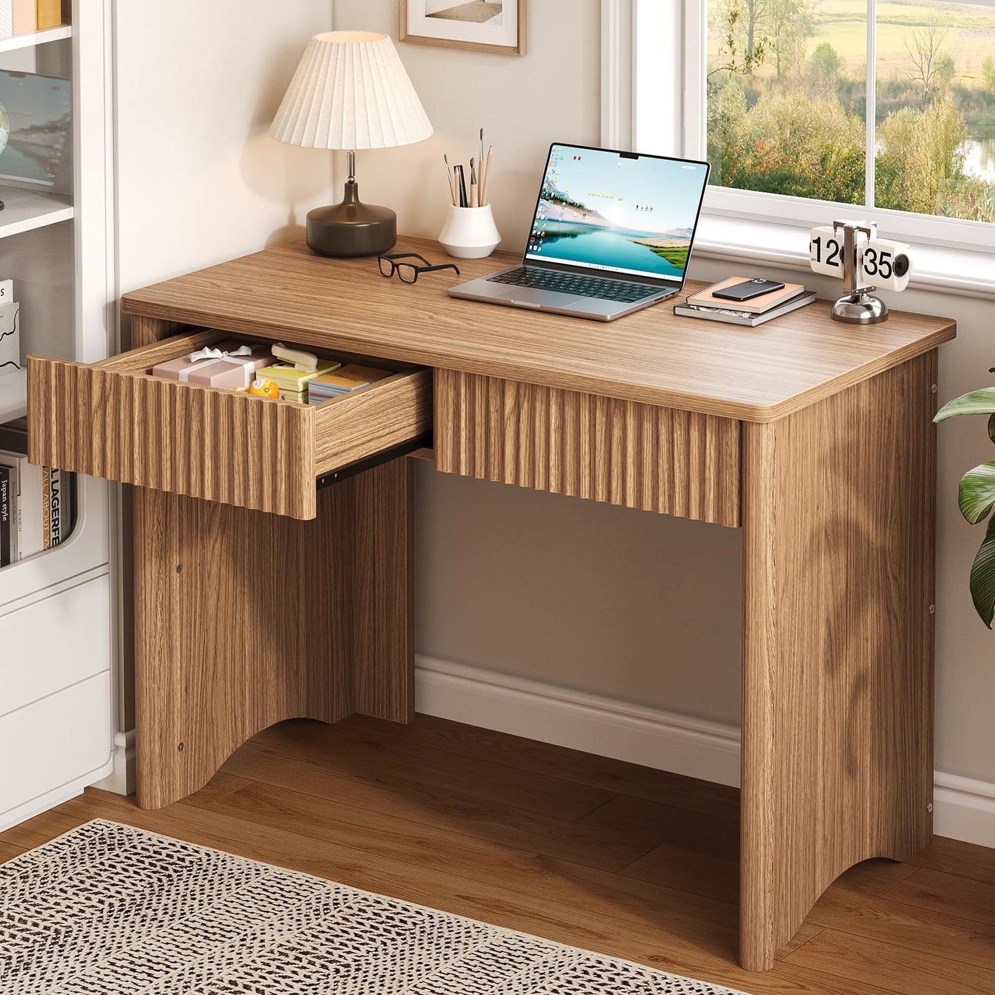 Bestier 40 Inch Fluted Wood Computer Desk with Drawers, Modern Home Office Desk, Compact Writing Desk, Laptop PC Desk for Bedroom, Studio, Study Room, Small Space & Dorm
