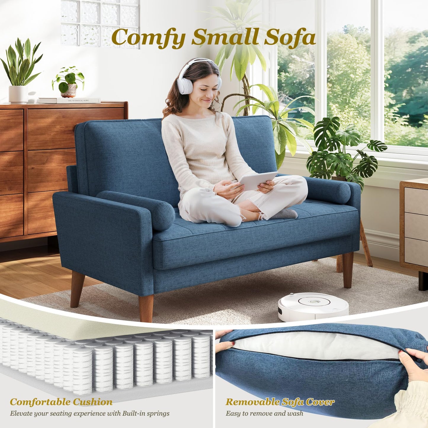 Vesgantti Loveseat Sofa with Solid Wood Legs, 48" Small Couches for Small Spaces, Love Seat for Living Room, Bedroom, Easy Assembly Mid Century Modern Couch with Throw Pillow for Apartment, Blue