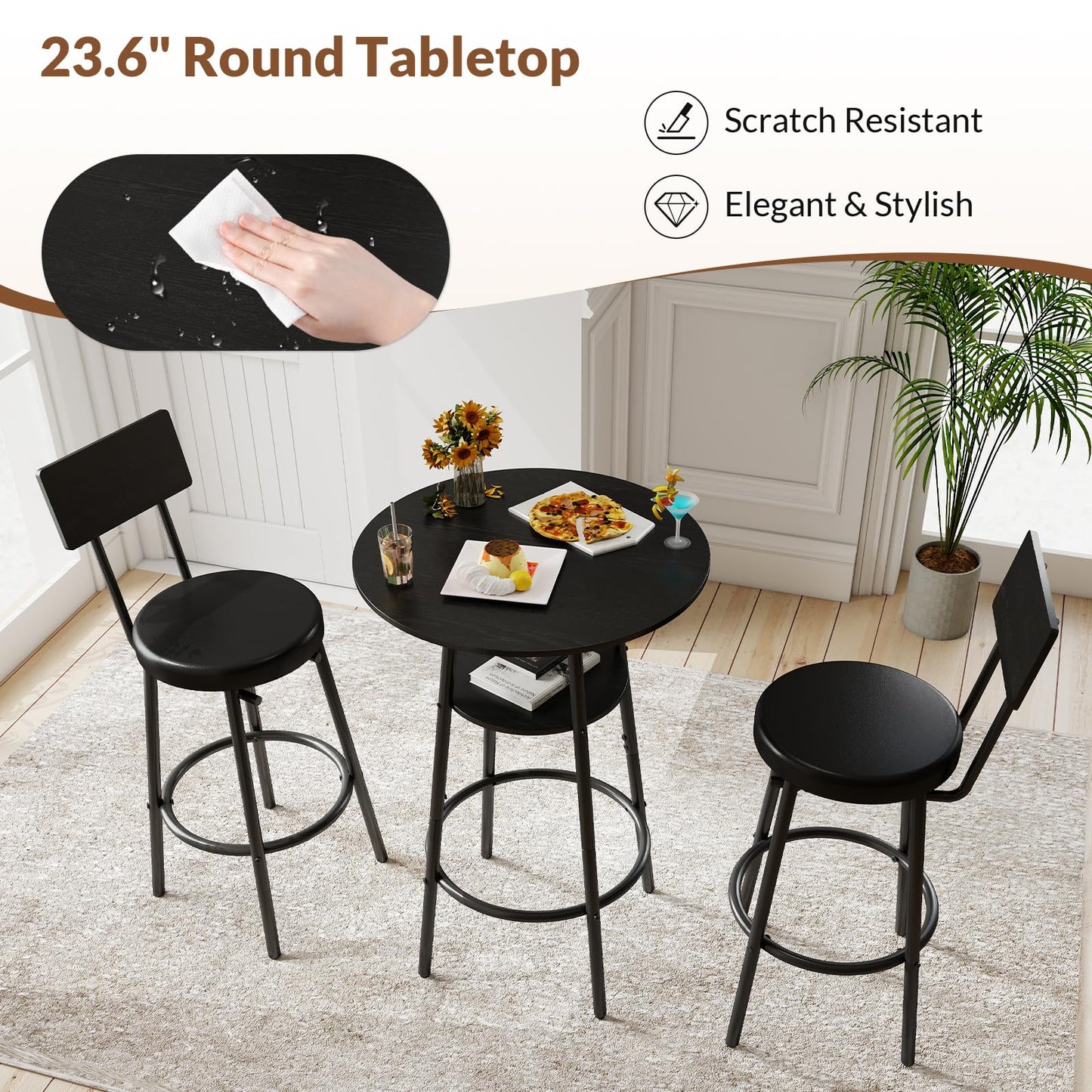 Zevemomo 3 Pieces Round Bar Table Set, Small Dining Table for 2, Black Kitchen Bar Table, Breakfast Table with Storage, 2 Thickened Cushion Stools with Backrest for Dining Room & Bistro-Black