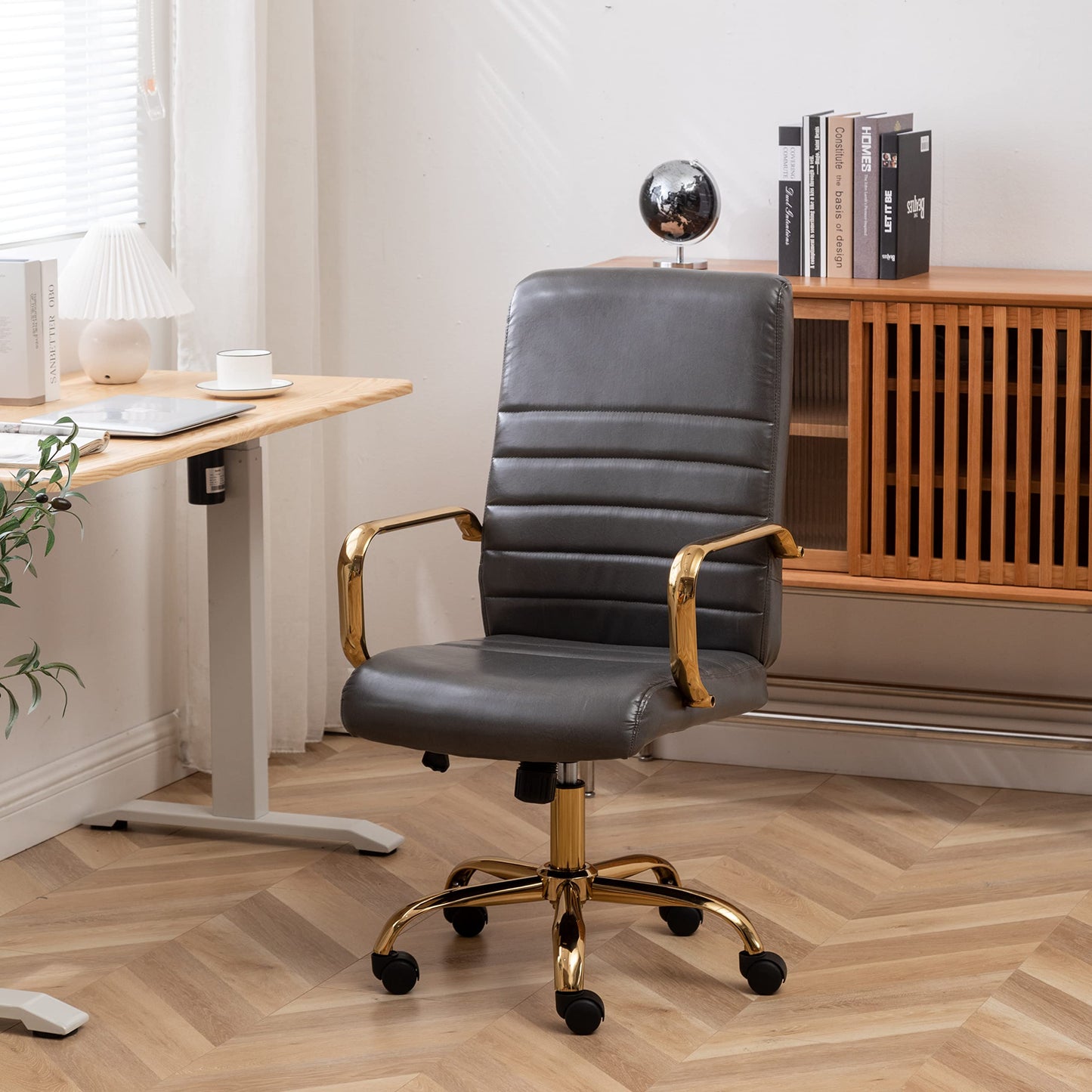 BTEXPERT Gray Faux Leather Adjustable Home Office Golden Arms Exectuive Chair High Back Manager Desk Armchair Tilt Lumbar Support, Grey (5162GY)