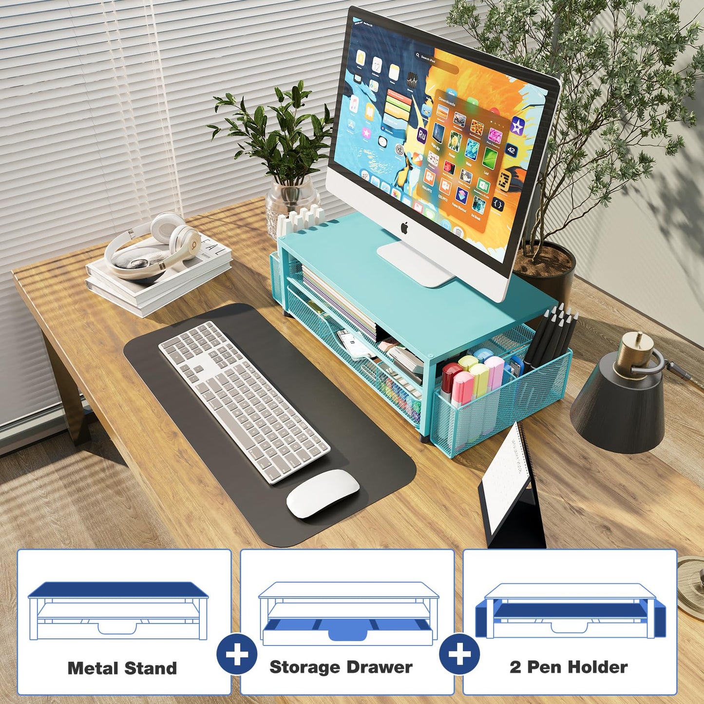 OPNICE Desk Organizers and Accessories, 2-Tier Computer Monitor Stand Riser with Drawer and 2 Pen Holders, Laptop Stand, Office Desk Accessories for Office Supplies, Teal Blue
