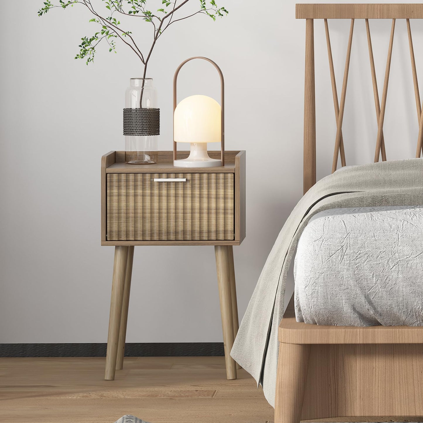 LAATOOREE Small Nightstand Set of 2, Side End Table with Fluted Door, Bedside Table with Solid Wood Legs, Mid-Century, for Bedroom, Small Beds