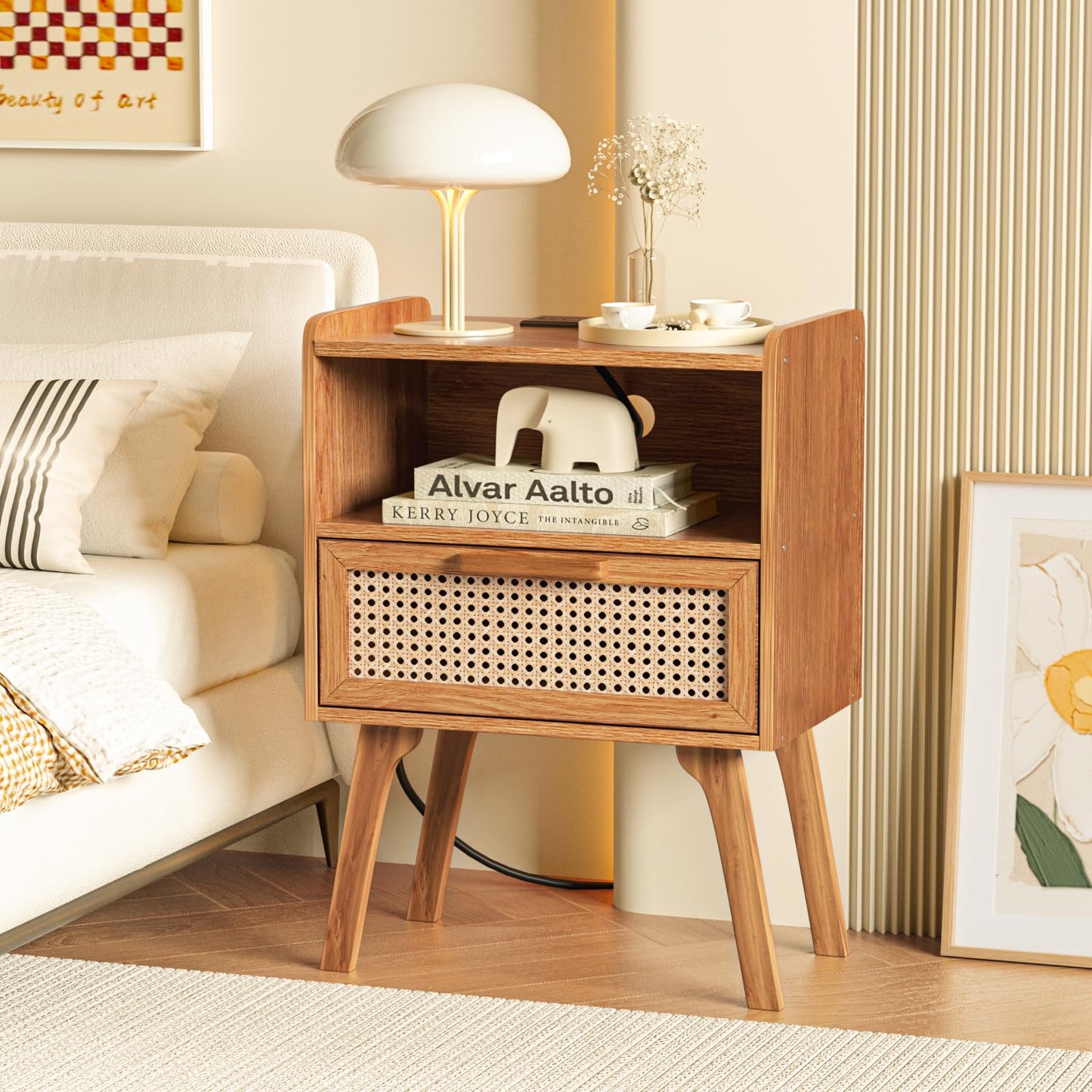 Lerliuo Rattan Nightstand with Charging Station, Side Table with Drawer, Cane Accent Bedside End Table with Solid Wood Legs, Night Stand for Bedroom, Dorm and Small Spaces (Tea Brown)