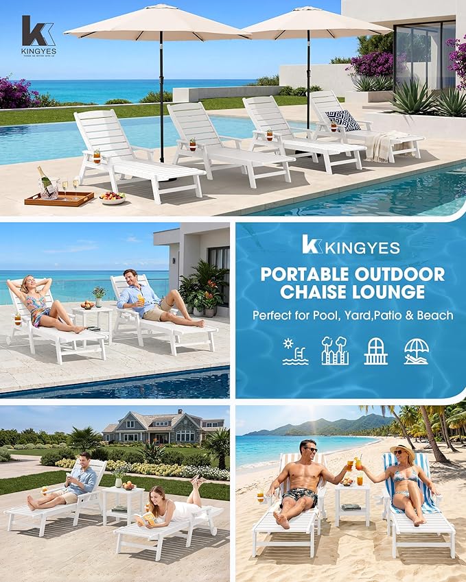 KINGYES HDPE Lounge Chair Outdoor Set of 4, Patio Chaise Lounge Recliner