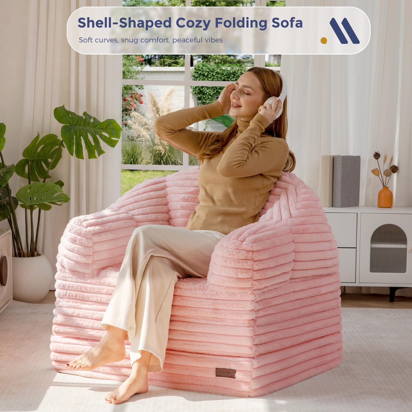 MAXYOYO Folding Sofa Bed, 2 in 1 Convertible Sofa to Lounger Comfy Faux Fur Bean Bag Chair for Adults, Floor Single Couch Chair with Handle, Couch Bed for Living Room Bedroom, Pink
