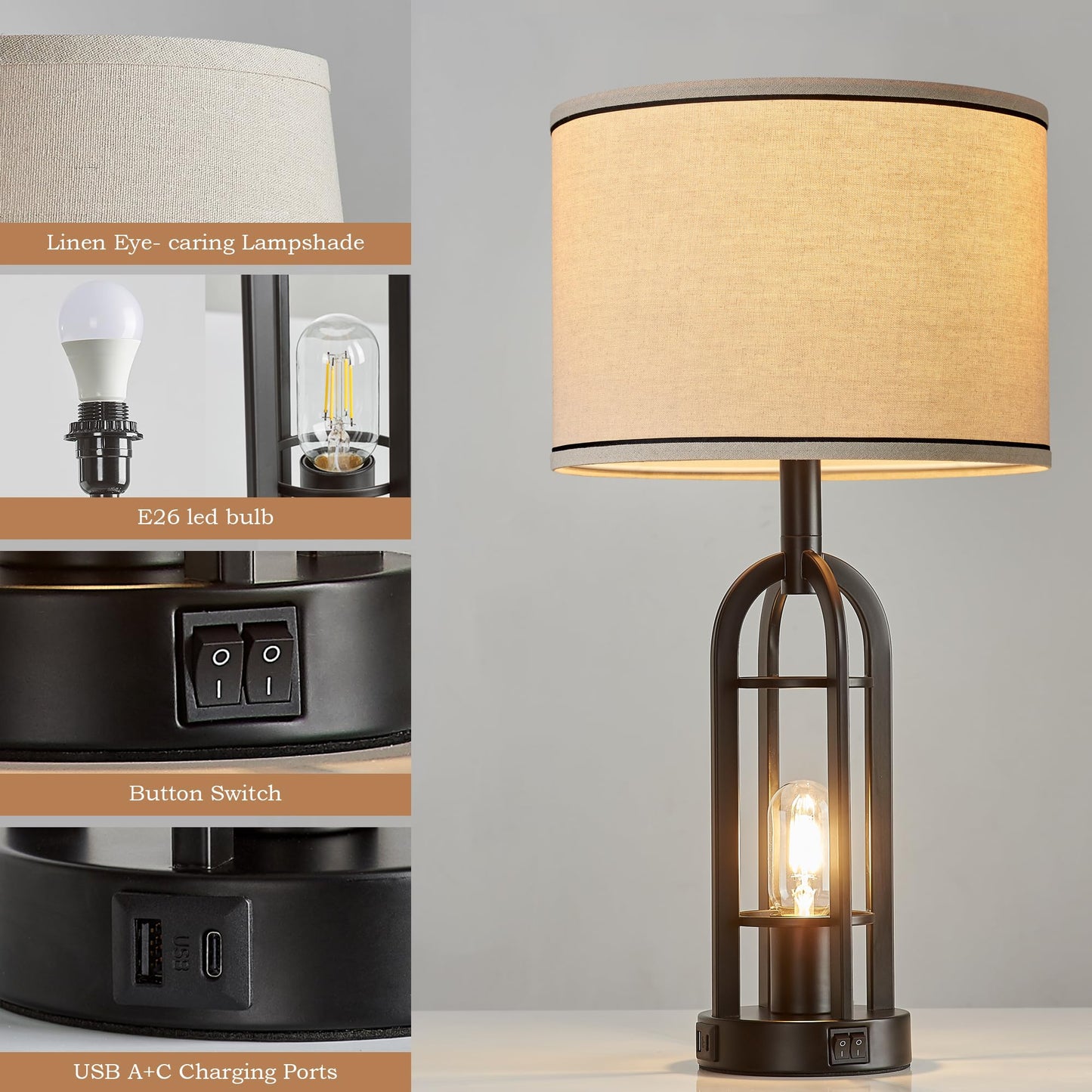 SRJJA Black Table Lamps for Living Room Set of 2 - Farmhouse Industrial Lamps for Night Stands with Night Light & USB A+C, 24" Rustic Bedside Lamp for Bedroom, Bulbs Included