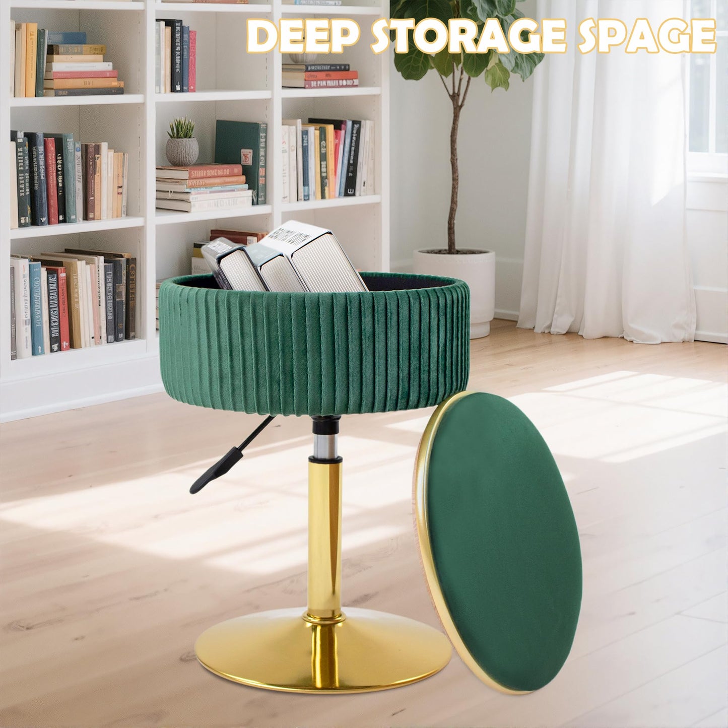 MRITWAII Adjustable Vanity Stool with Storage, 360° Swivel Makeup Stool Chair Small Velvet Round Ottoman with Gold Base for Bedroom, Green