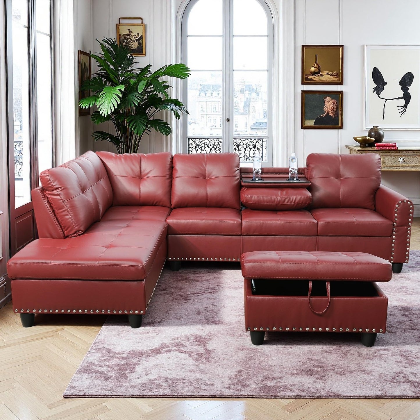 Topcomfy 97.5" Red L Shaped Couch Set Leather, Modular Sectional Couches for Living Room with Storage Ottoman, 4 Seat Home Sofa Living Room Furniture Sets with Chaise for Apartment Office