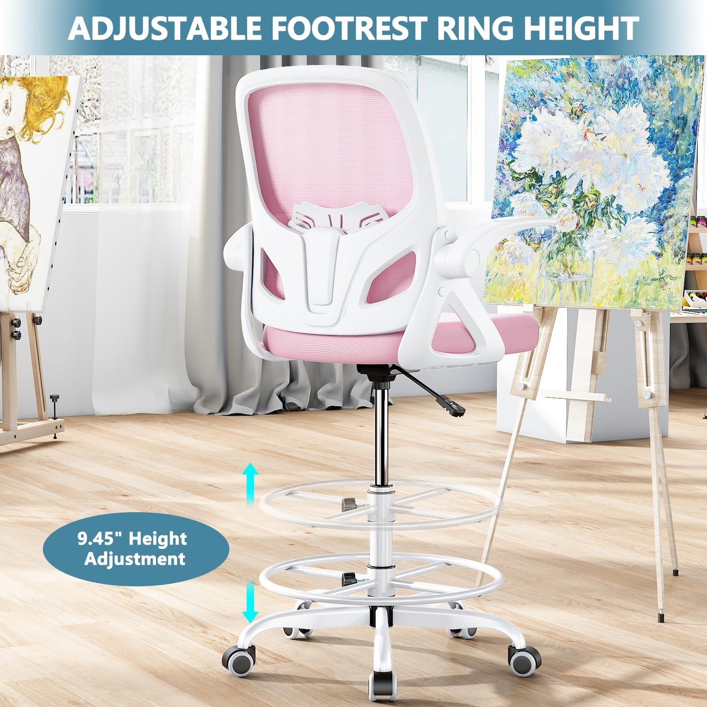 Kensaker Drafting Chair Tall Office Chair, Ergonomic Standing Desk Chair with Adjustable Foot Ring and Flip-up Armrests, Mesh Computer Chair for Art Studio, 300 LBS, Pink