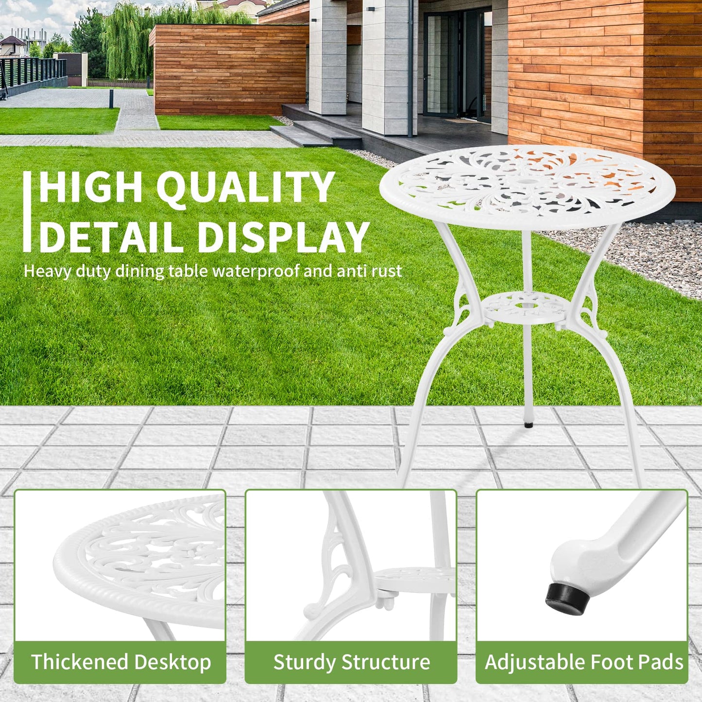 Withniture Patio Bistro Set 3 Piece Cast Aluminum Outdoor Bistro Set, Rust Resistance Bistro Table and Chairs of 2 with Umbrella Hole, Small Patio Set for Garden Outside, White