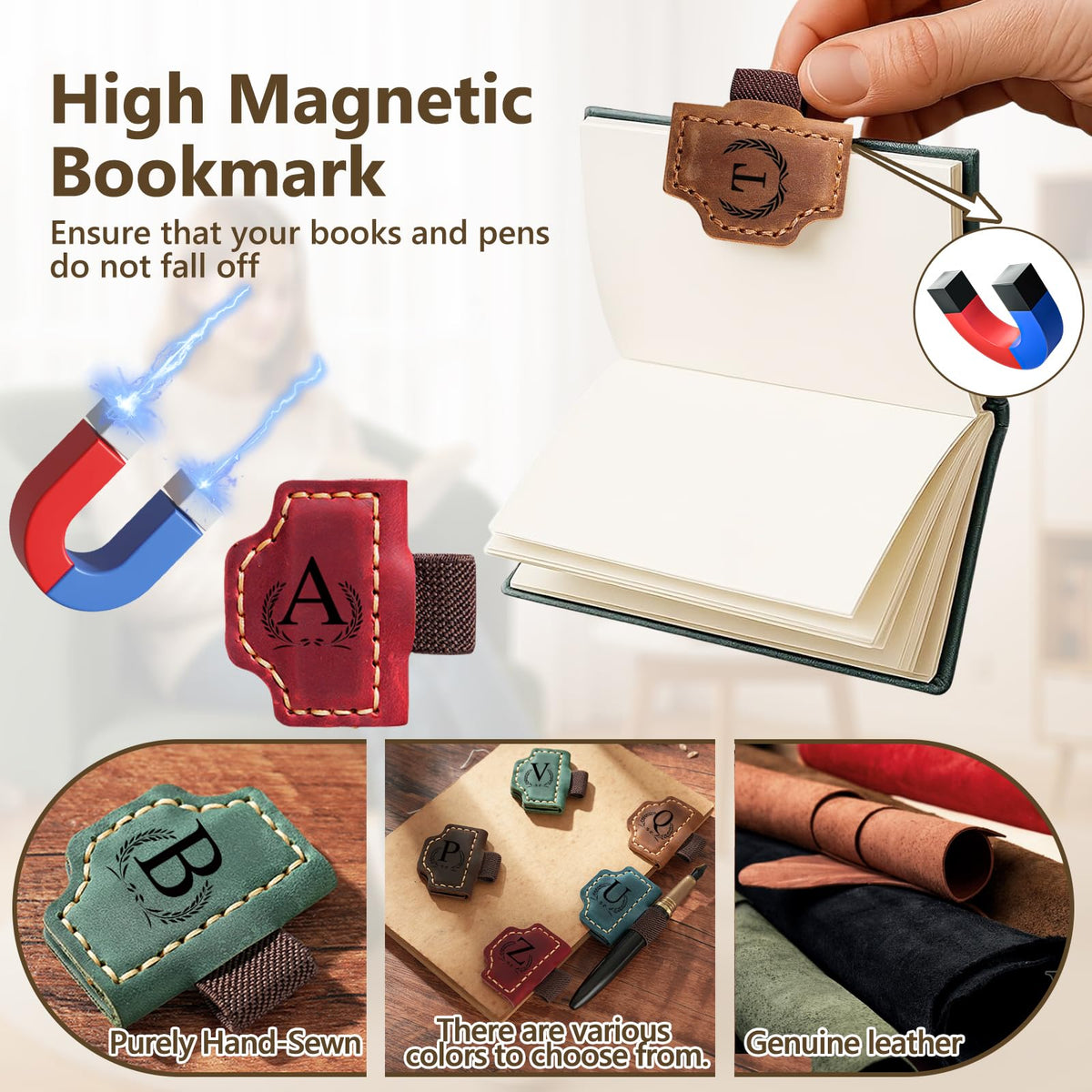 Custom Bygone Mark Bookmark with Pen Holder, 26 Letters Name Initial Personalized Magnetic Leather Bookmark, Gifts for Book Lovers, Readers, Travelers, Leather Book Marks (Light Brown, I)