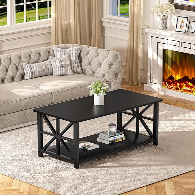GreenForest Coffee Table with Round Corner, Farmhouse Center Table with 2-Tier