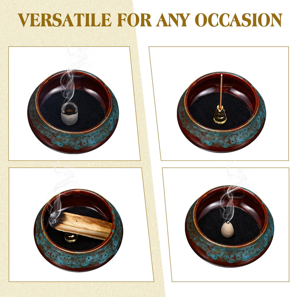 Maxcheck 4 Pcs Ceramic Incense Burner with Copper Lid Metal Incense Holder Lotus Cone Burner for Sandalwood Palo Santo Sage Cones Meditation Yoga Spa Gifts Room Decor(Blue)