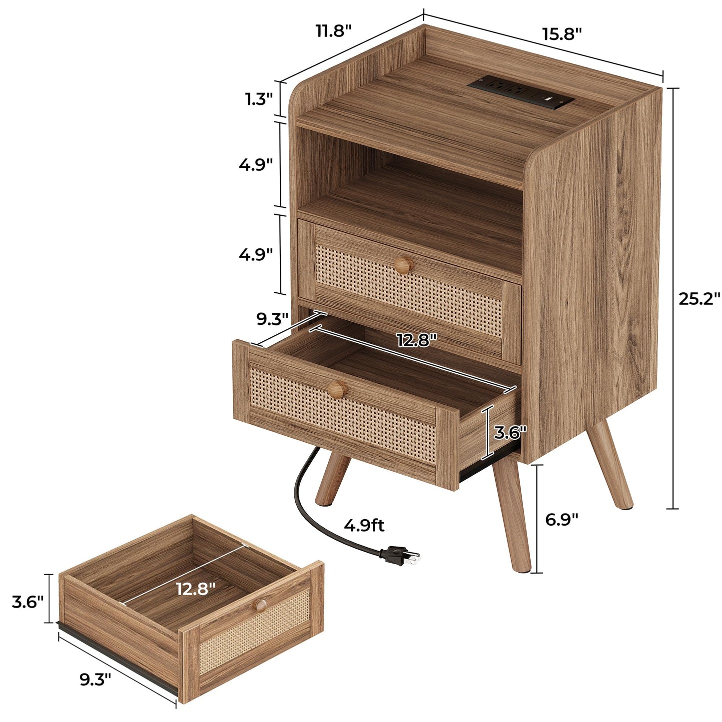SUPERJARE 2 Drawer Night Stand with Charger Station, Boho Rattan Nightstand Set of 2, 25.2 Inch Tall Bed Side Table with Solid Wood Feet, End Table, Open Storage, Synthetic Rattan, Walnut