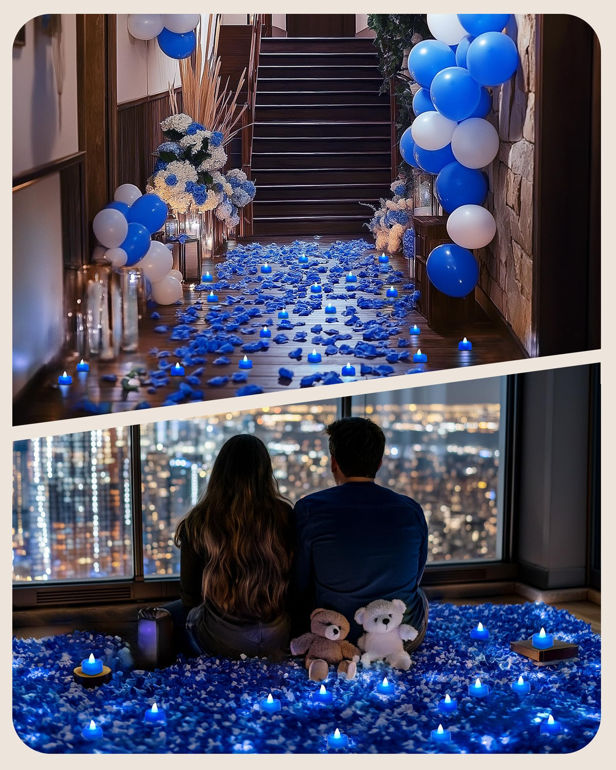 Amagic 4000 Pieces Blue Artificial Rose Petals with 50 Blue Heart LED Tea Lights, Rose Petals and Candles Set for Proposal, Anniversary, Romantic Night, Wedding Decor