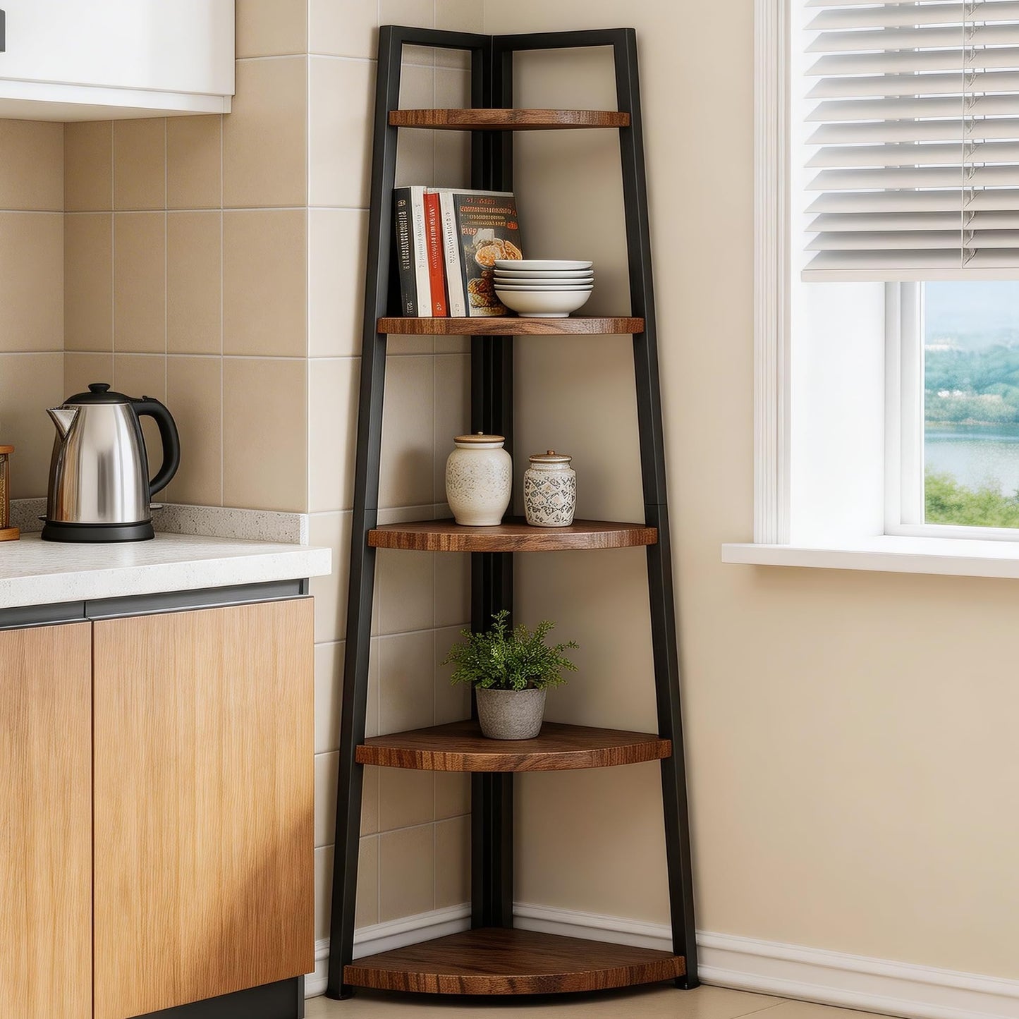 GUTECLOUD Soild Wood Corner Shelf, 5 Shelf Bookcase for Bathroom & Living Room, Tall Corner Bookshelf with Ladder Design, Space Saving Corner Bookcases (Brown)