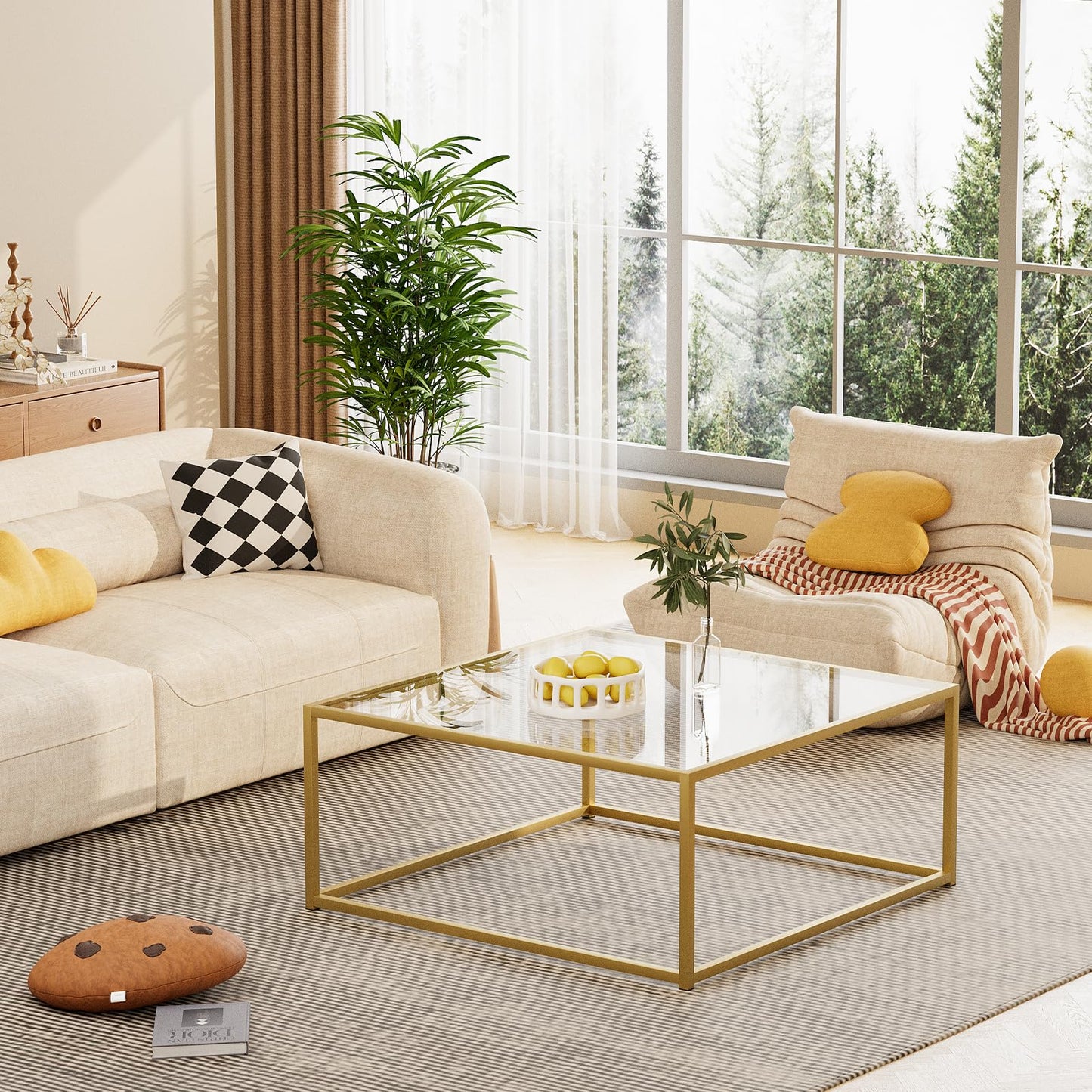 Glass Coffee Table, Small Square Coffee Table for Living Room,Simple Modern Center Tables for Small Spaces, Gold Living Room Tea Tables Easy Assembly,26 * 26in（Gold & Clear Glass）