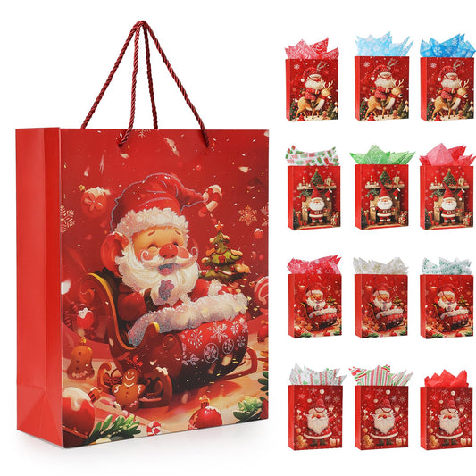Rusikia 12 Christmas Gift Bags with 12 Tissues and 1 Satin Ribbon - Medium