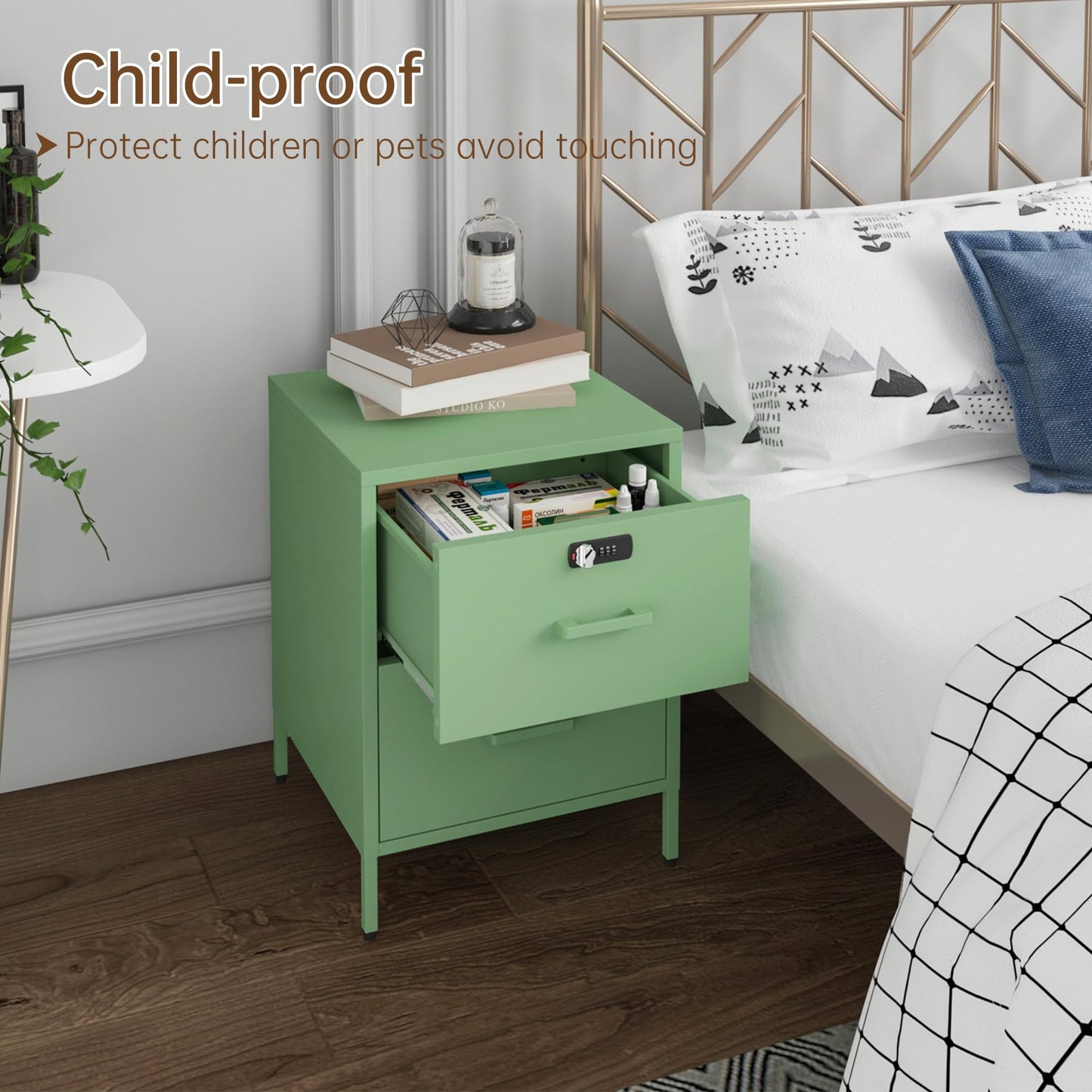 Steehoom Metal Nightstand with Lock, 2 Drawer End Side Table, Lockable Storage Cabinet Kids Cabinet for Living Room, Bedroom, Dorm, 21.26”H X 15.75”W X 15.75”D (2 Drawer, Green)