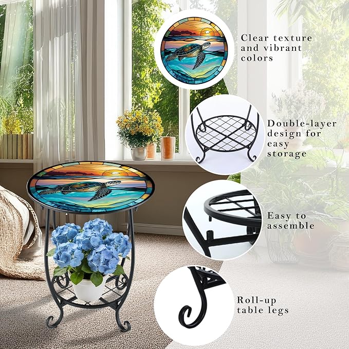 Cinnvoice Outdoor Side Table Round Small Mosaic Patio Accent Indoor End Plant