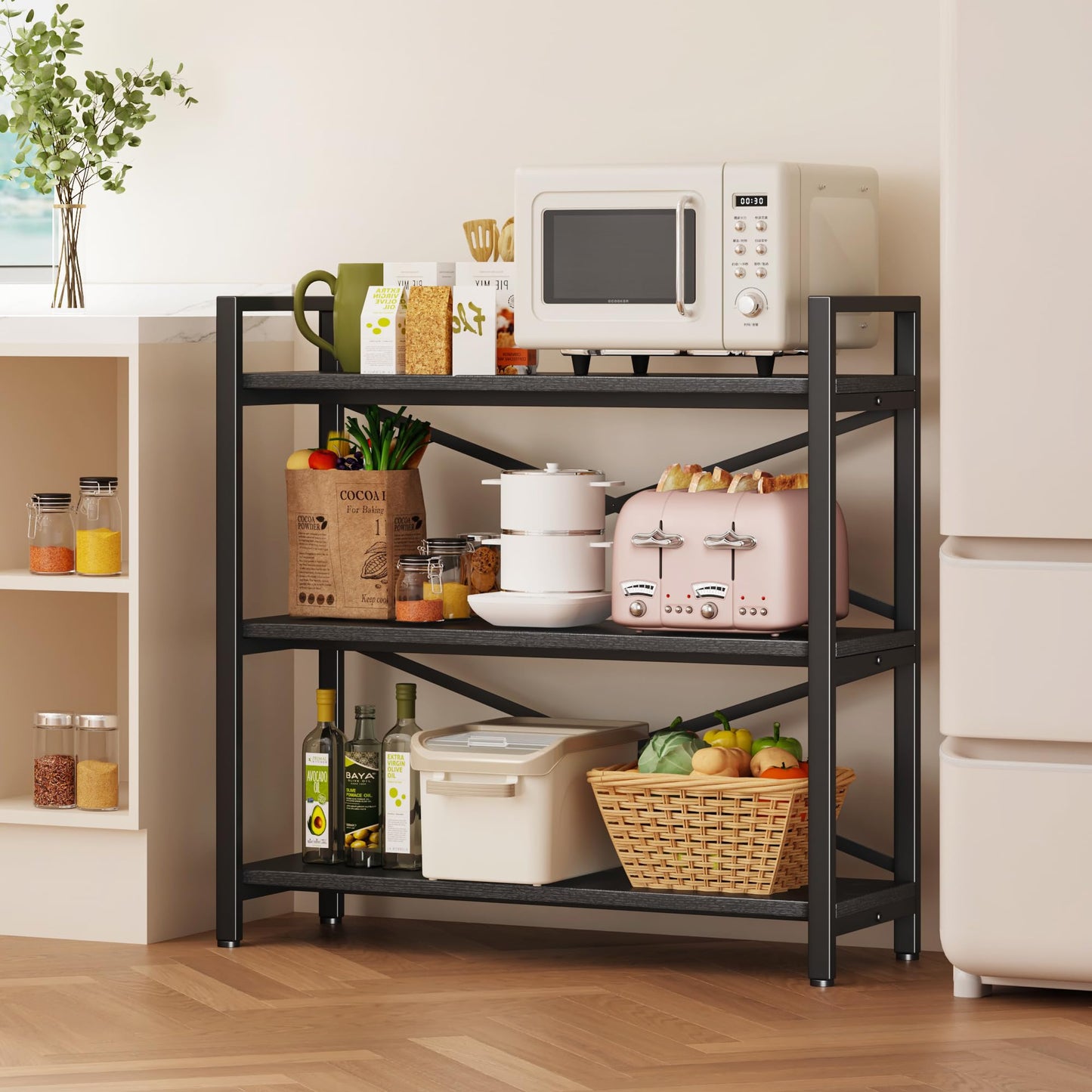 Homeiju 3 Tier Bookshelf 31.49" Width, Wood and Metal Etagere Bookcase, Vintage Farmhouse Modern Wooden Big Book Shelf for Home Living Room Bedroom Office Storage(Black)