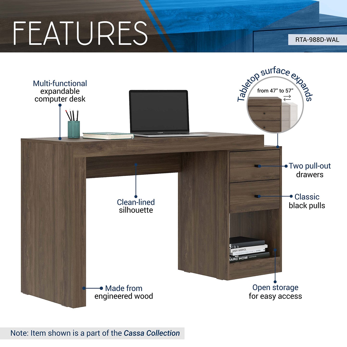 Expandable Desk with Storage Drawers & Open Shelf - Expands from 47 Inch to 57 Inch - Walnut Computer Desk with Printer Space - Modern Home Office Table with Drawers - Techni Mobili Blanco Collection