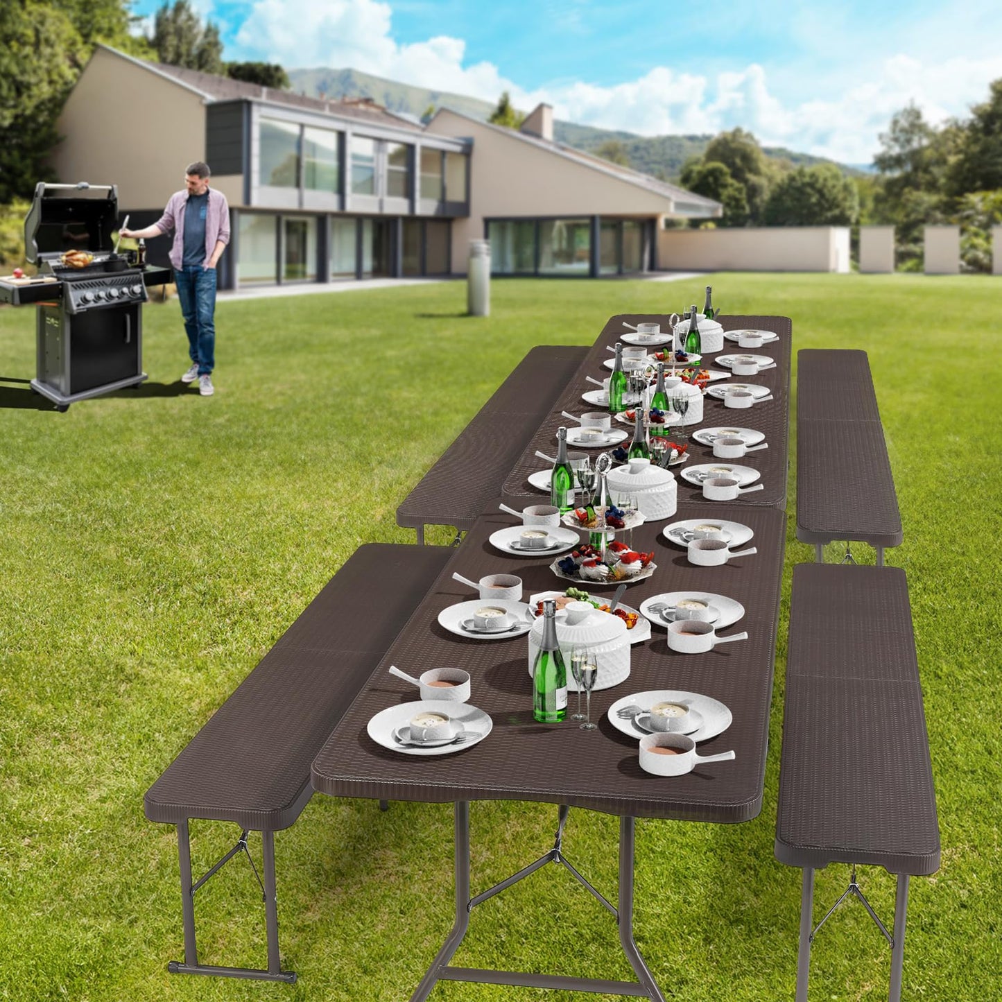 VINGLI 6 Foot Plastic Folding Table Portable Long Table for Indoor Outdoor Use Rectangular with Carrying Handle,Rattan Patterned HDPE Tabletop, Brown