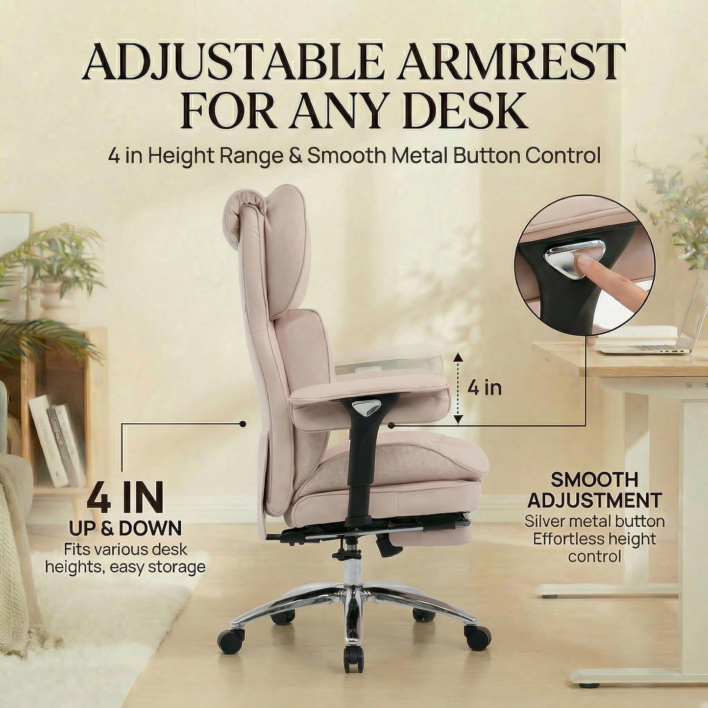 Efomao Big & Tall Executive Office Chair with Footrest - 400lbs Heavy Duty High Back PU Leather Desk Chair, Modern Ergonomic Reclining Computer Chair, Pink