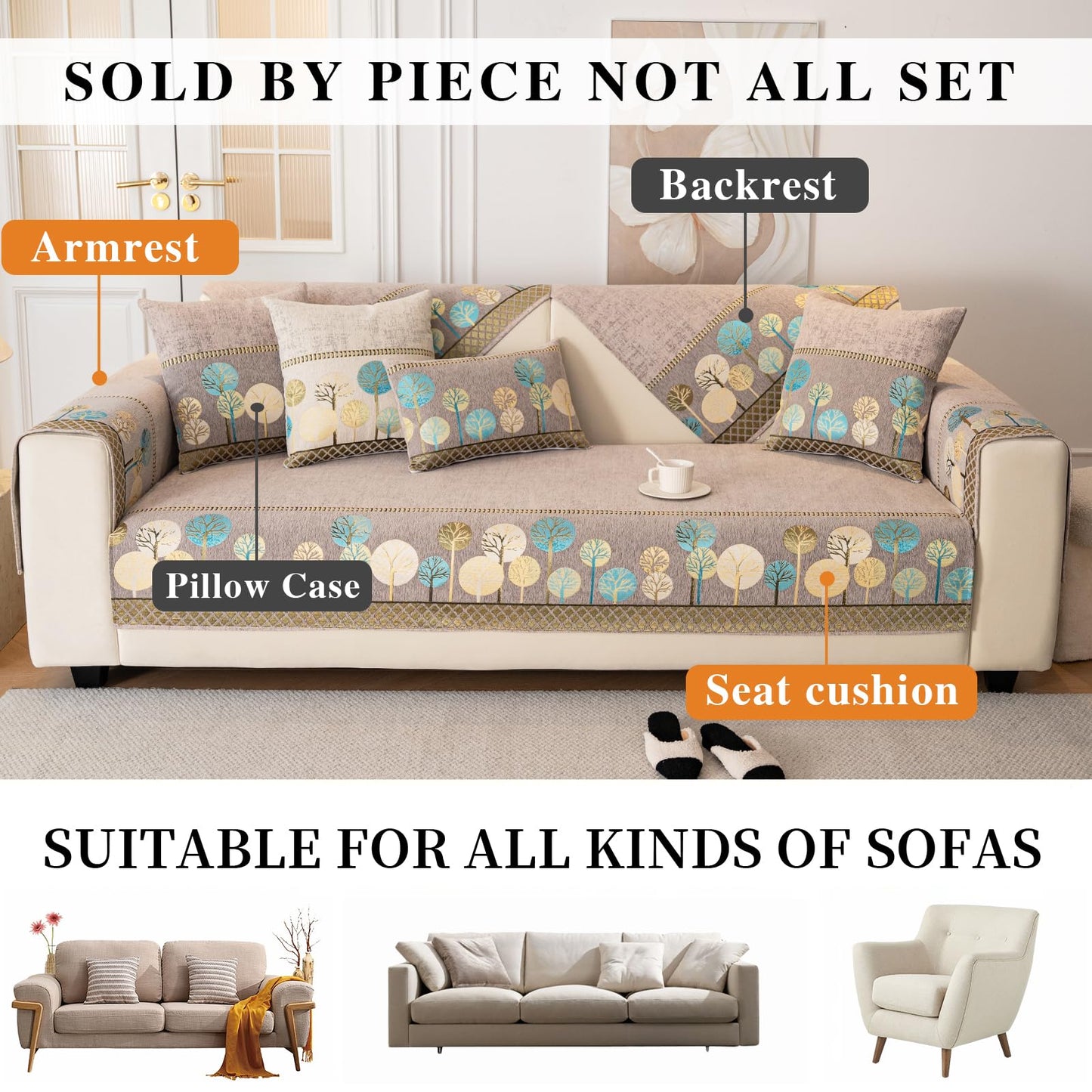 tianxinbaobei Boho Couch Cover, Non Slip Washable Sofa Covers, Chenille Couch Covers Quilted, Bohemian Sofa Slipcovers, Furniture Protector for Armrest and Backrest(Cream,28"x28",1pc)