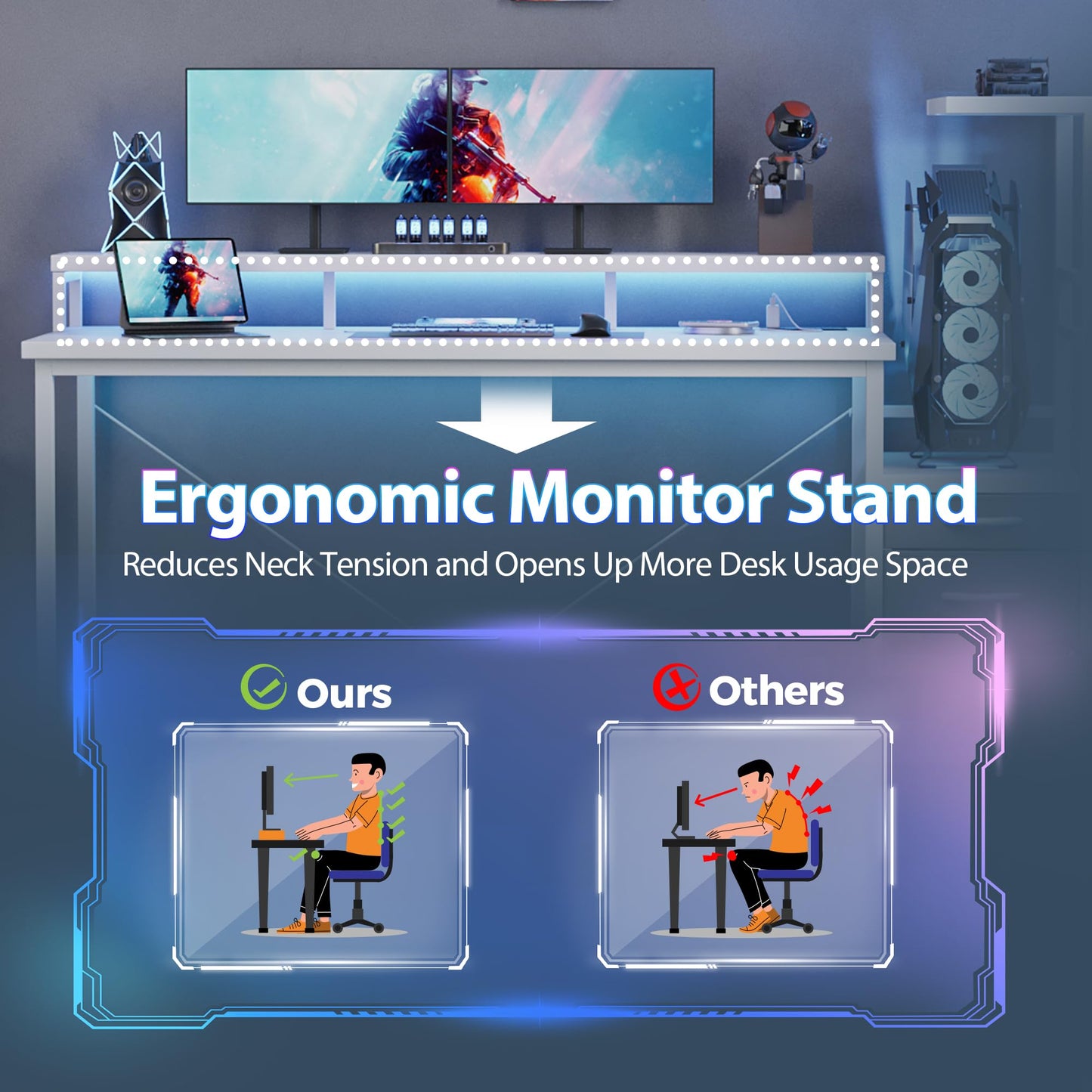 Mericonia 60 inch Gaming Desk with LED Lights & Power Outlets, Reversible Computer Desk with Storage Drawers & Monitor Stand, Large Gaming Table for Home Office