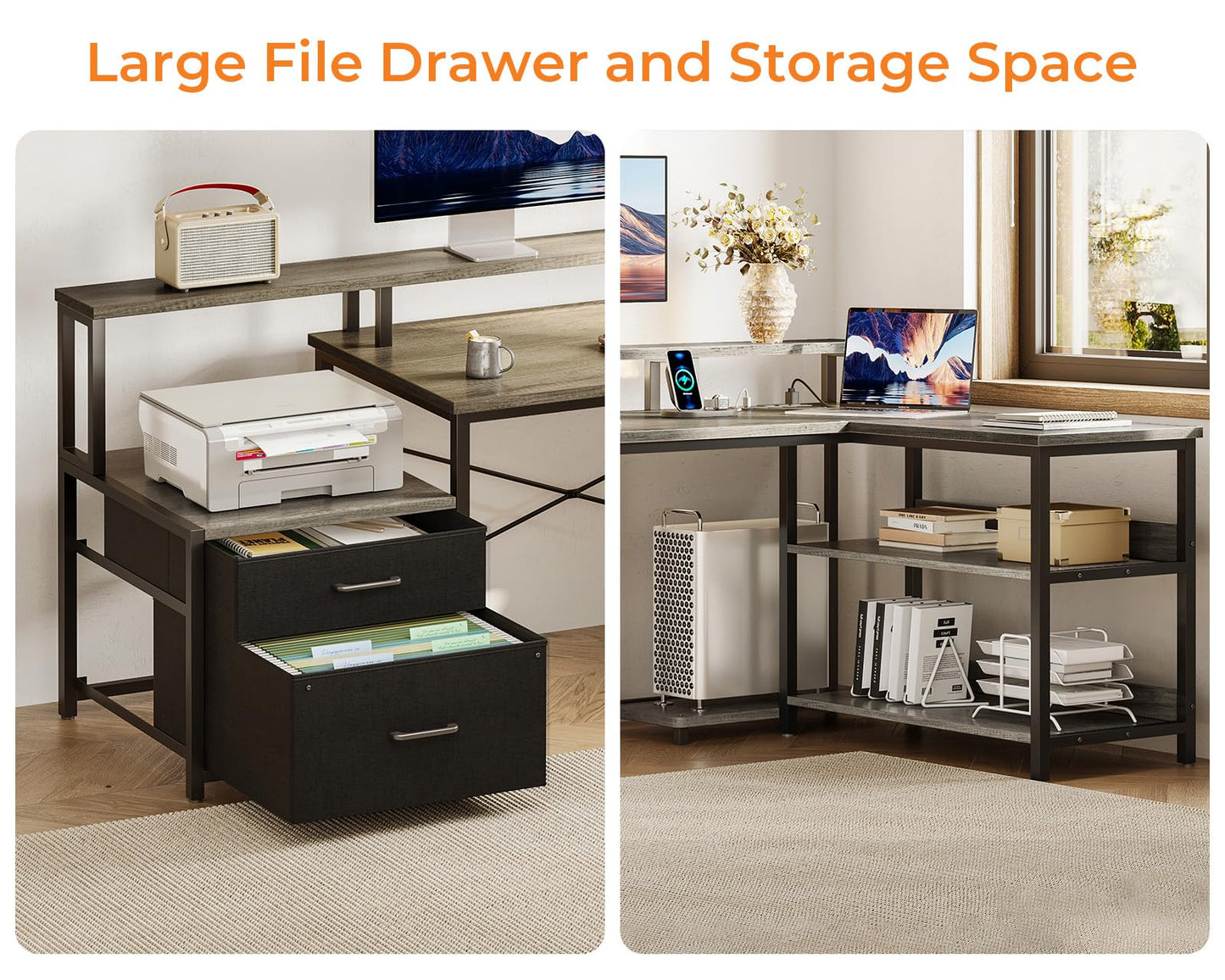 ODK 75" L Shaped Desk with File Drawers, Work from Home Office Desk with Power Outlet, Reversible Computer Desk with Storage Shelves, Gaming Desk with Monitor Shelf, Corner WFM Table, Grey Oak