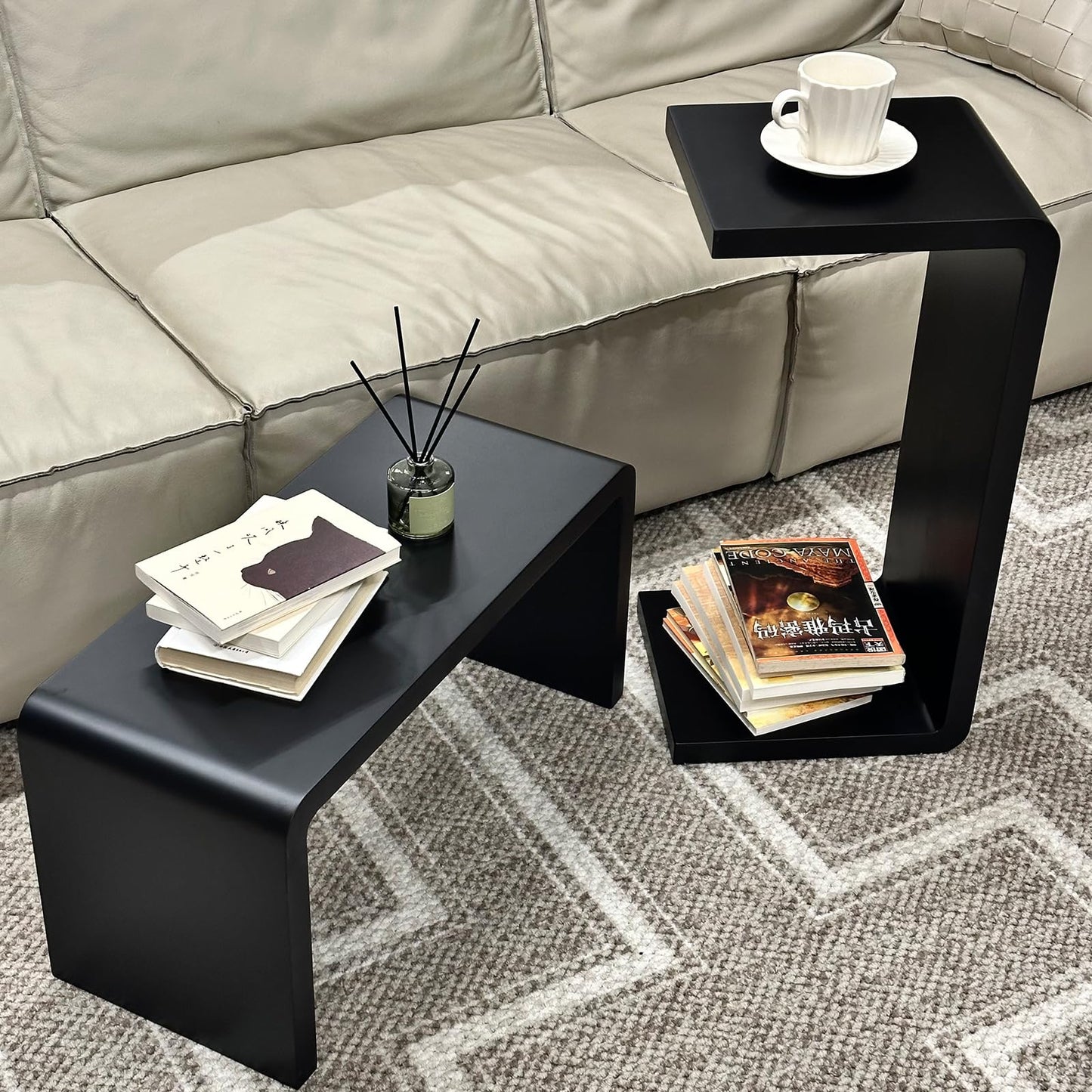 H24.4in C Shaped End Table, Black Solid Wood Sofa Side Table for Couch/ Bed/Living Room, Space-Saving Small Snack Table for Bedroom, Office, or Balcony, Wooden Nightstand for Laptop and Narrow Spaces