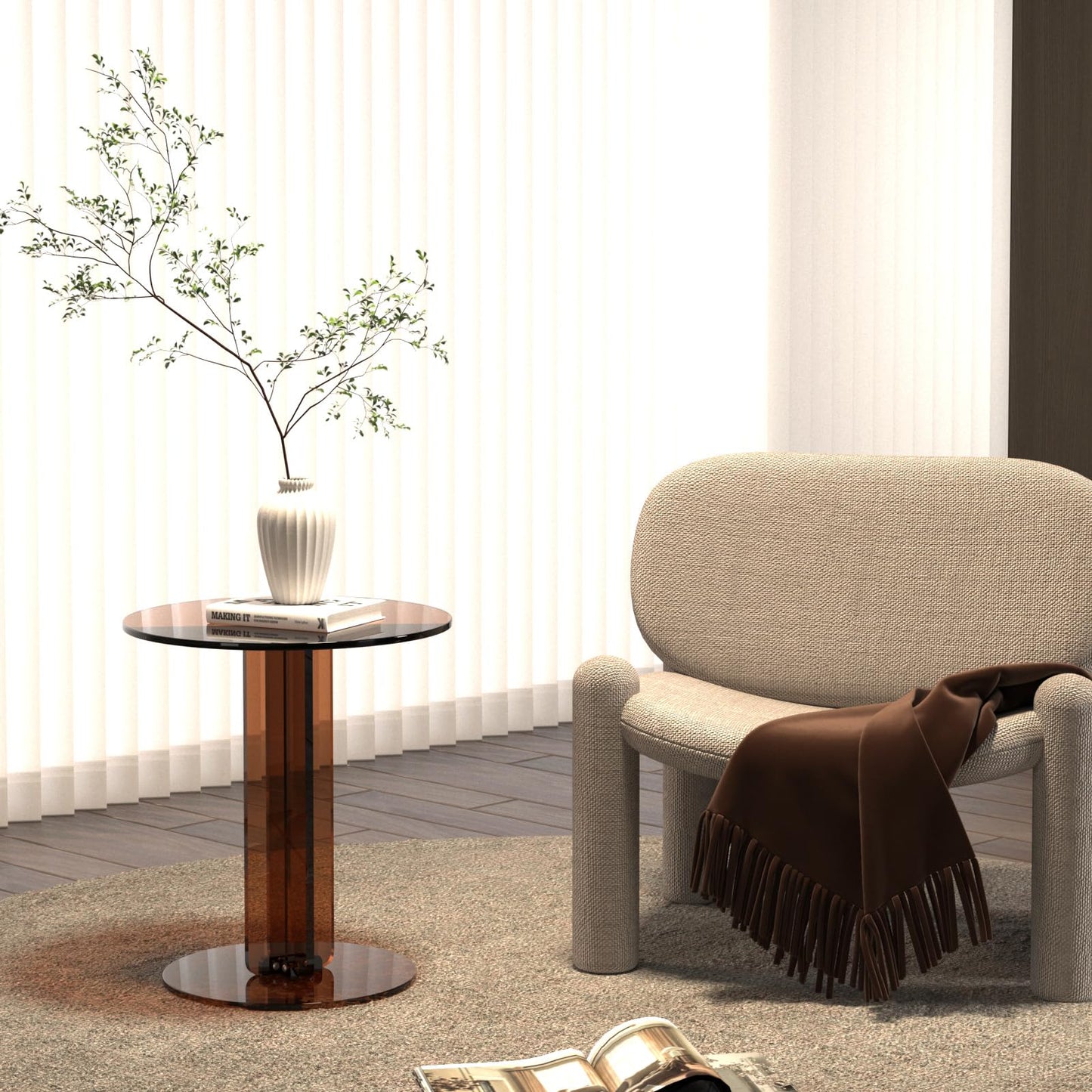 Klippehop Round Acrylic Side Table, Modern Accent End Table, Minimalist Bedside Night Stand, Small Coffee Tables for Living Room Office Bedroom Indoor Home Decor, Brown