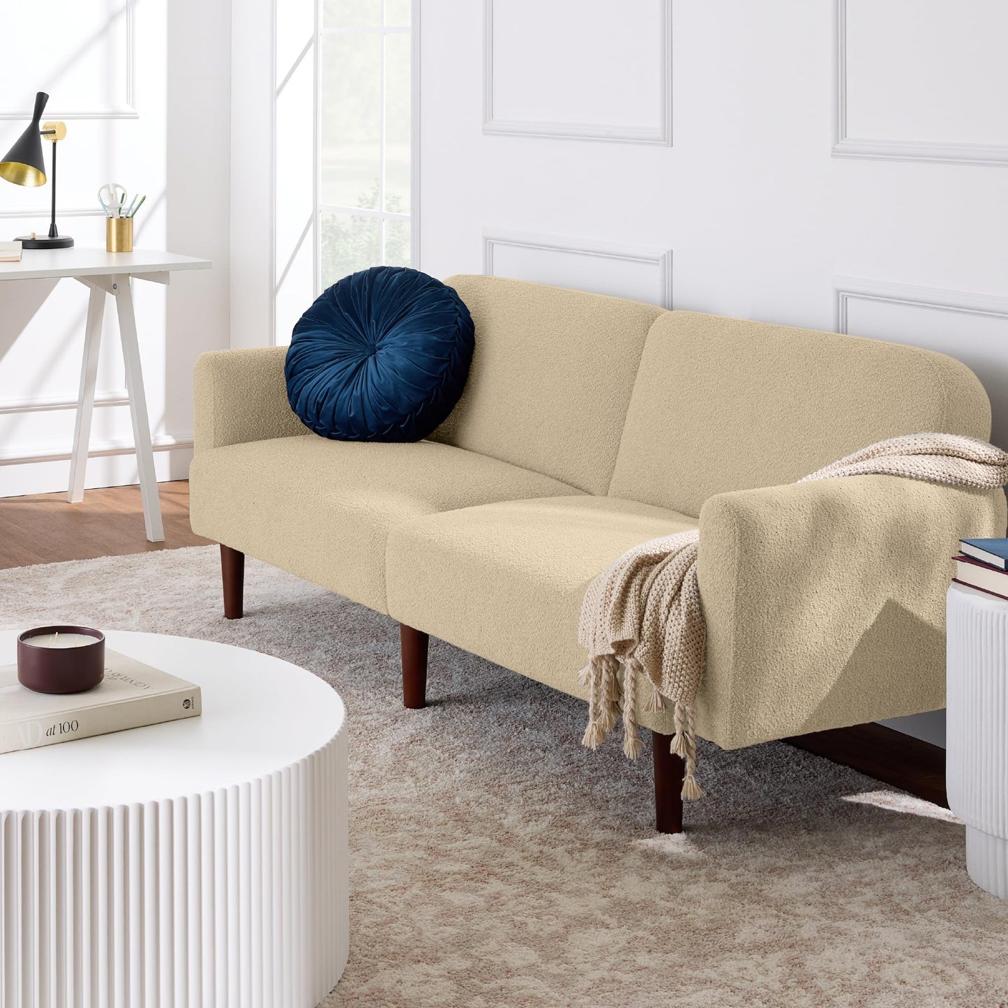 Best Choice Products 77" Mid Century Modern Boucle Loveseat Sofa, Couch, Convertible Sofa Sleeper Bed w/Real Wood, Removable Armrest - Oatmeal