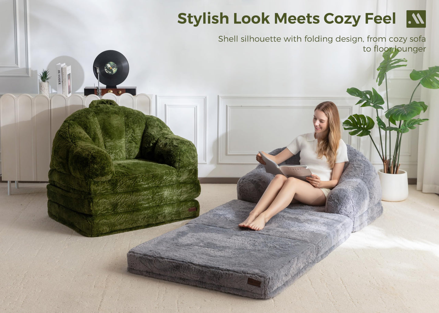 MAXYOYO Folding Sofa Bed, 2 in 1 Convertible Sofa to Lounger Comfy Single Bean Bag Chair for Adults, Floor Couch with Handle, Faux Fur Couch Bed for Living Room Bedroom, Green