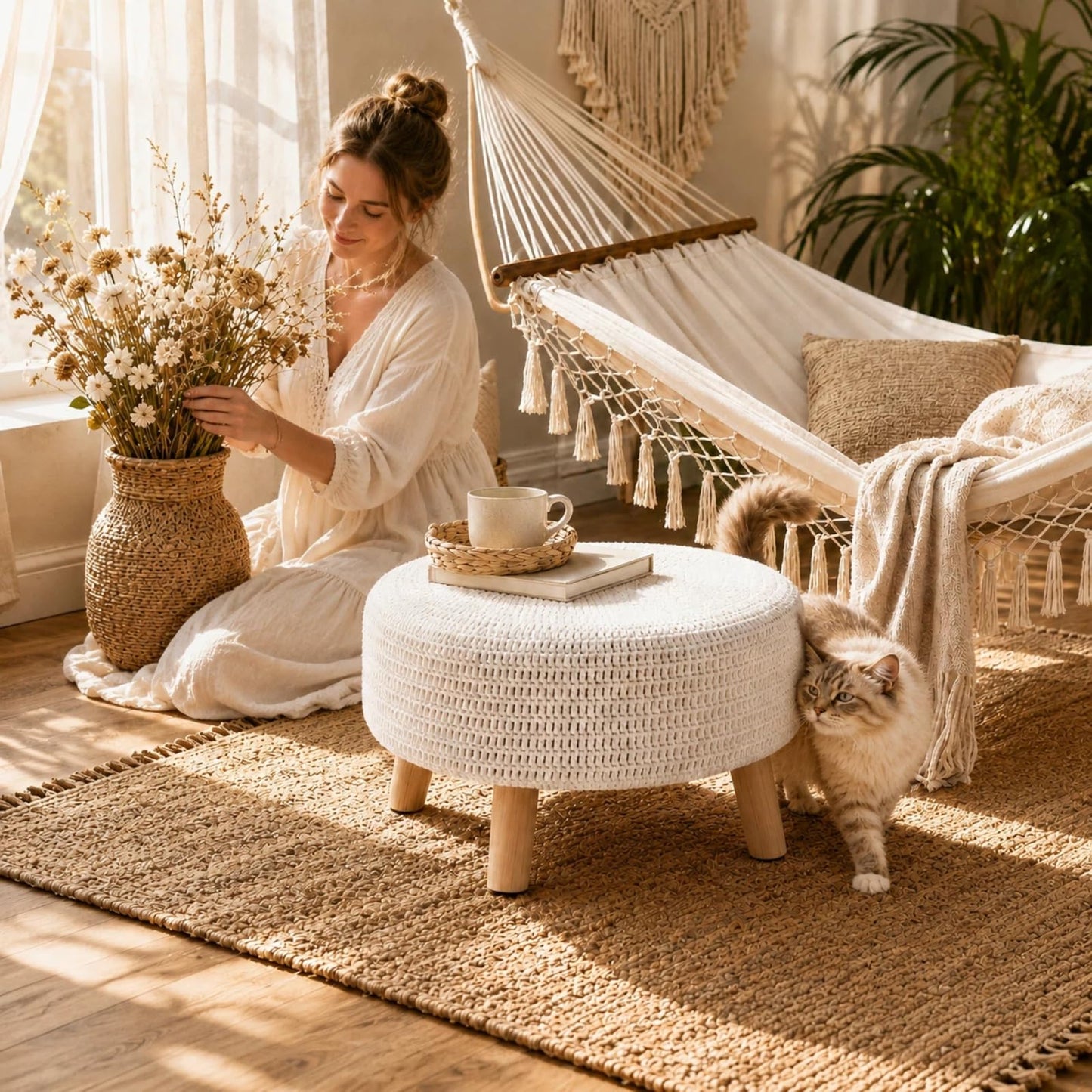 Wimarsbon Pouf Ottoman, 100% Cotton Knitted Boho Footstool, Round Footrest with Non-Skid Wood Legs, Home Décor Handmade Pouffe, Leisure Floor Step Stool for Living Room (20" White)